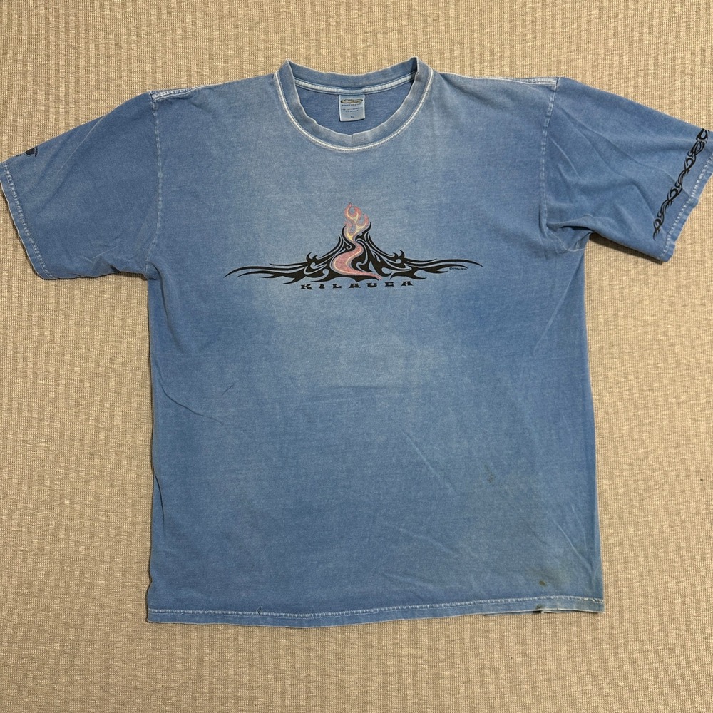 Vintage Crazy Shirts Hawaii Kilauea Volcano Tribal Graphic T-Shirt Blue XL